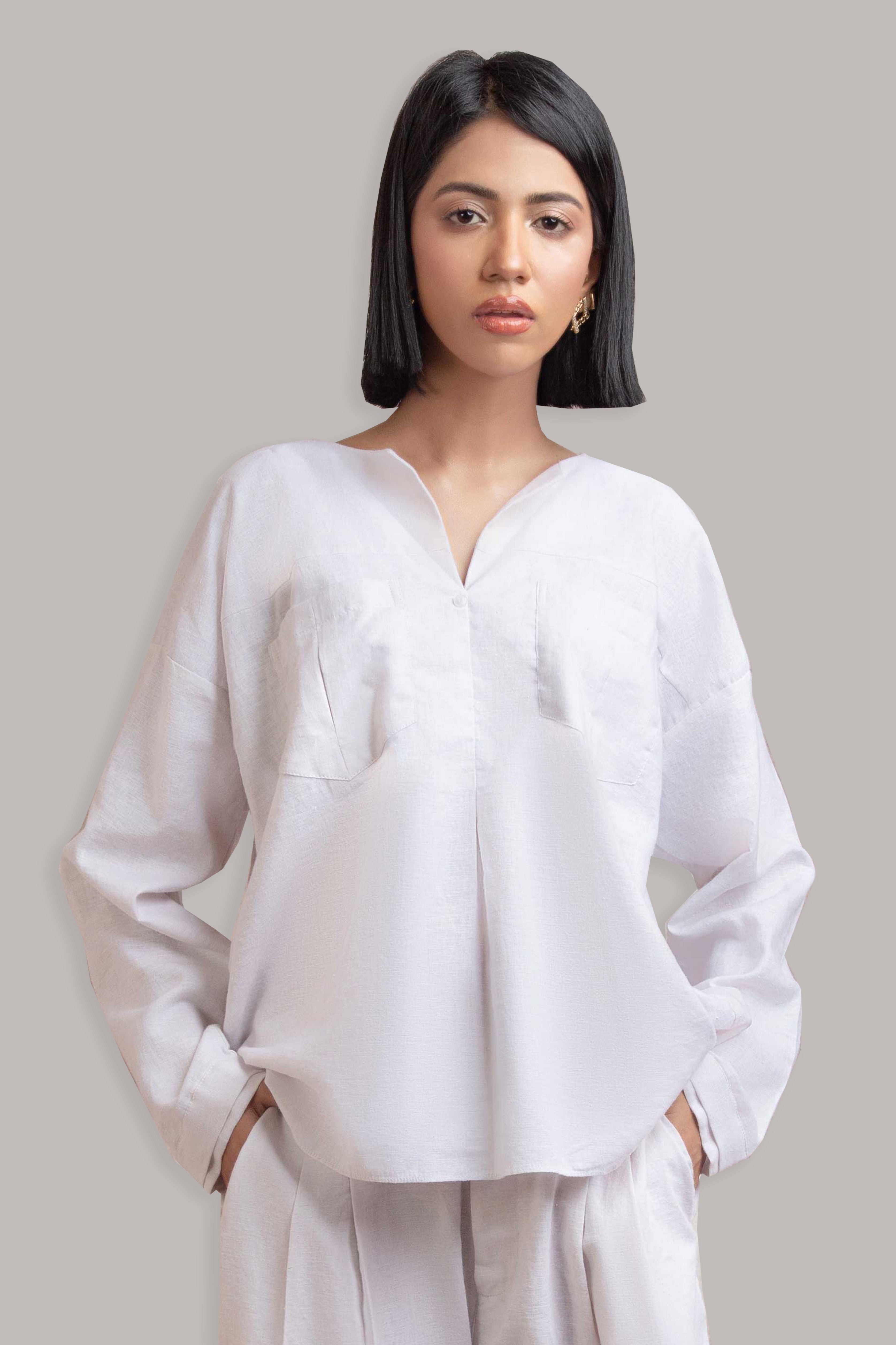 Buttoned Front Open Shirt with Pleated Pant-White Irish Cotton