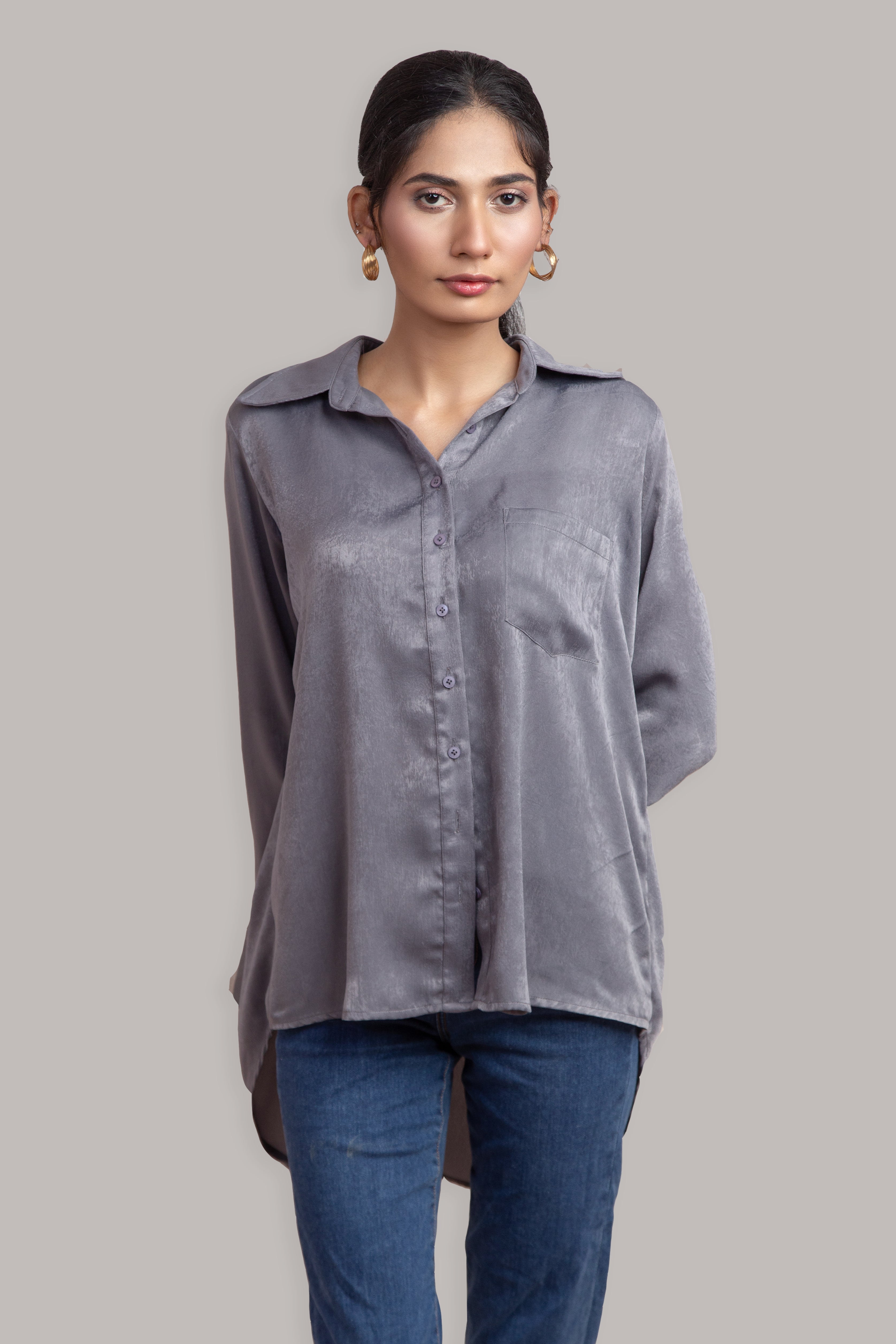 Cross Back Button Down in Grey