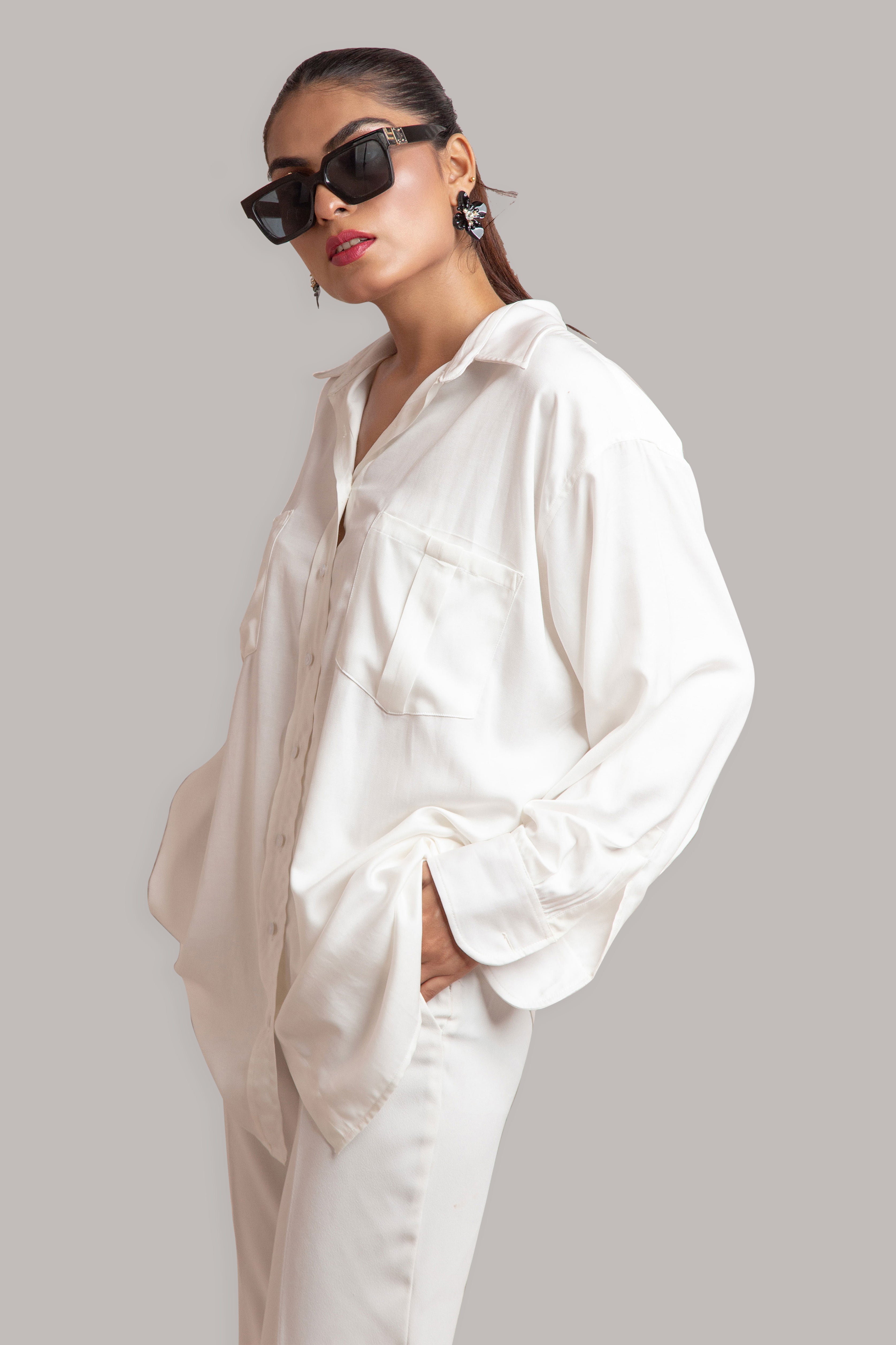 Oversized Button Down ( White Velvet Silk )