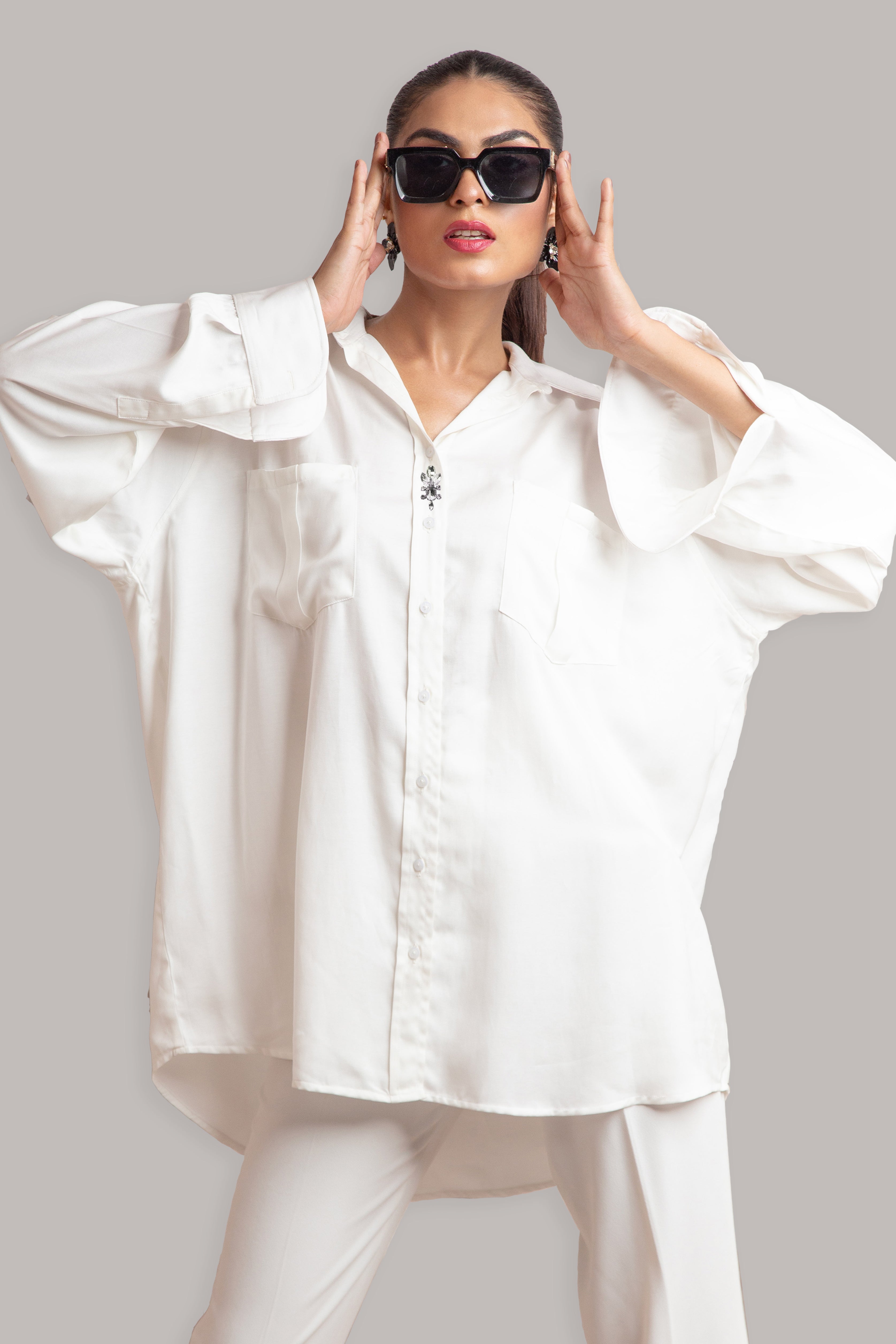 Oversized Button Down ( White Velvet Silk )