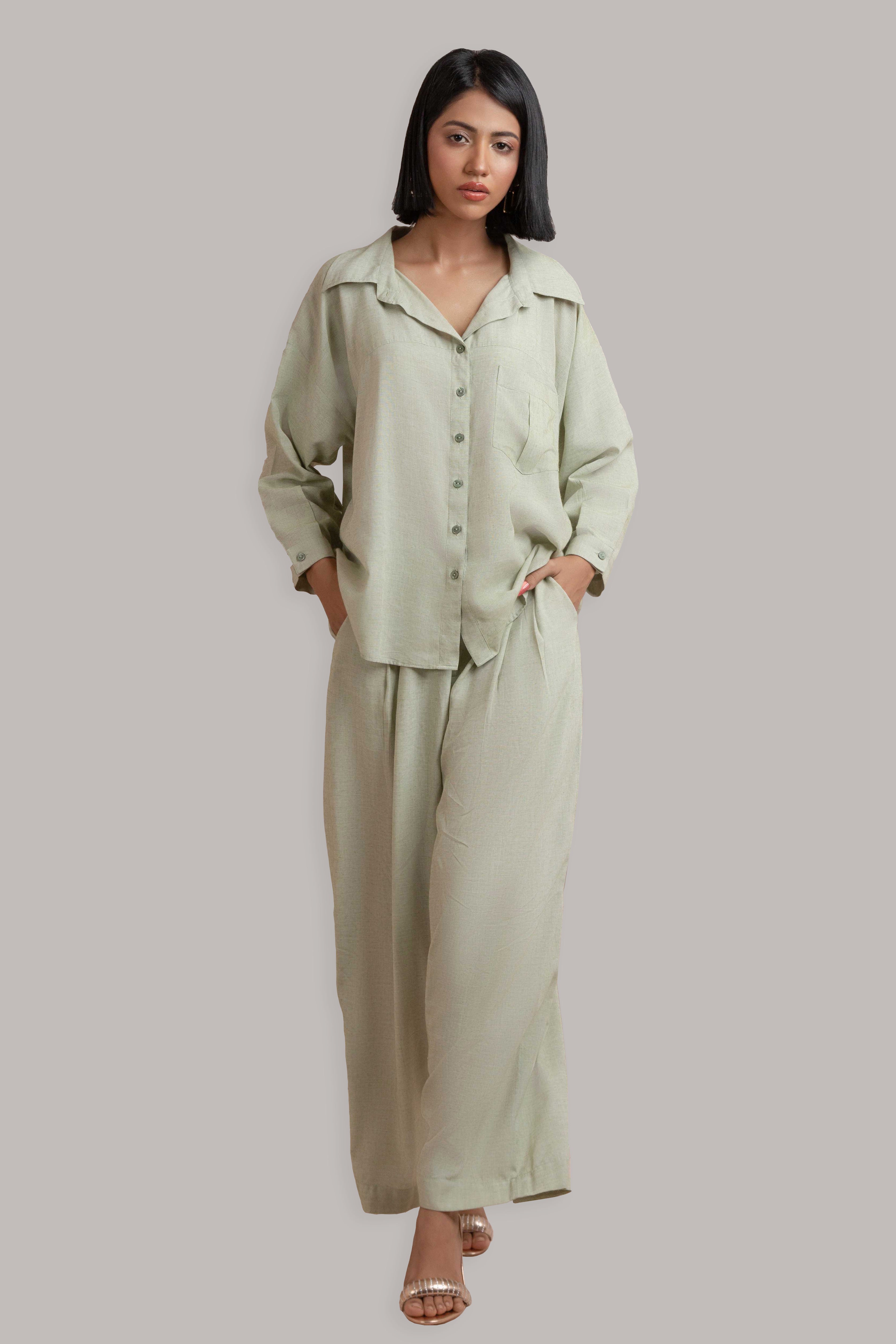 Buttoned Front Open Shirt with Pleated Pant-Sage Green