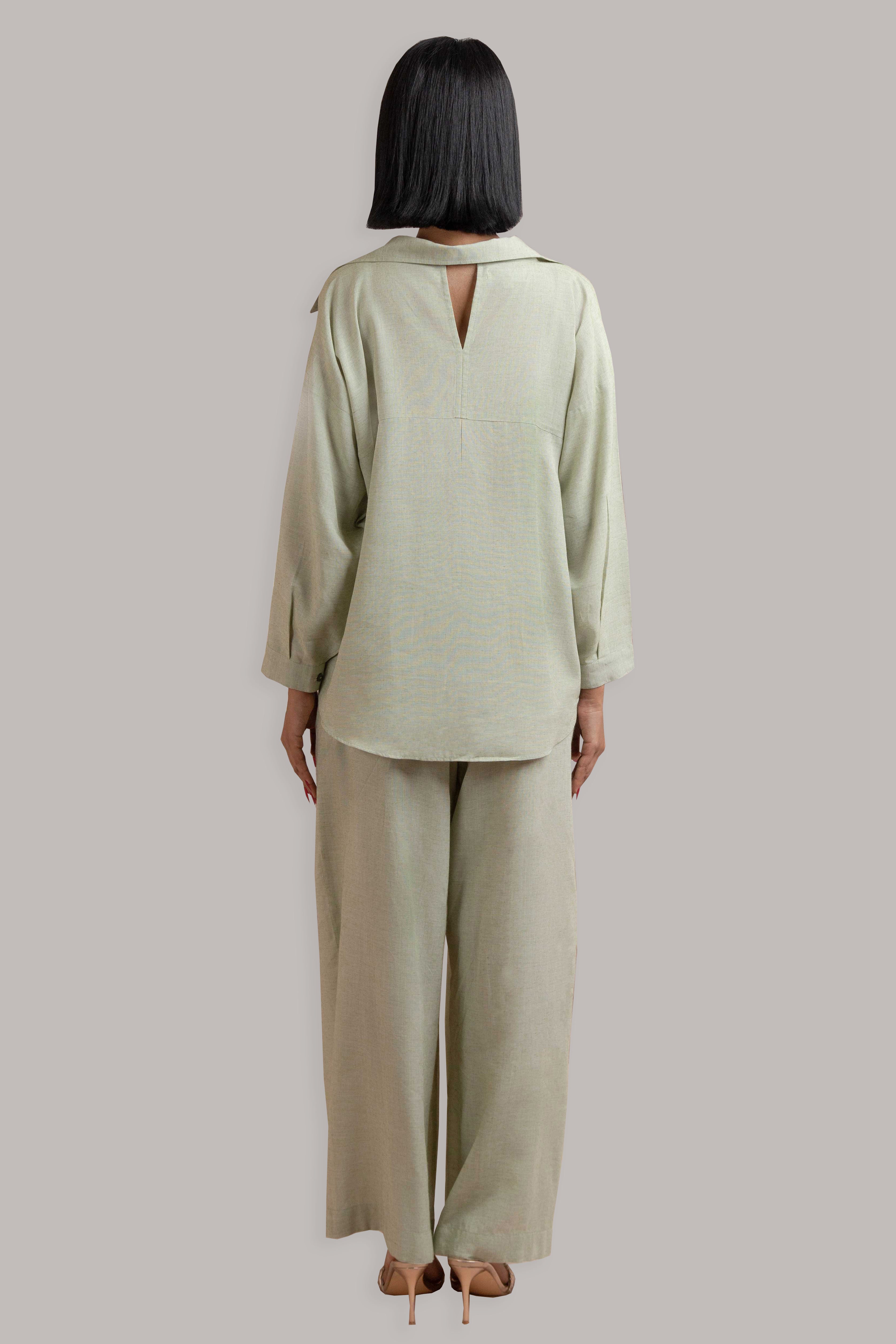 Buttoned Front Open Shirt with Pleated Pant-Sage Green