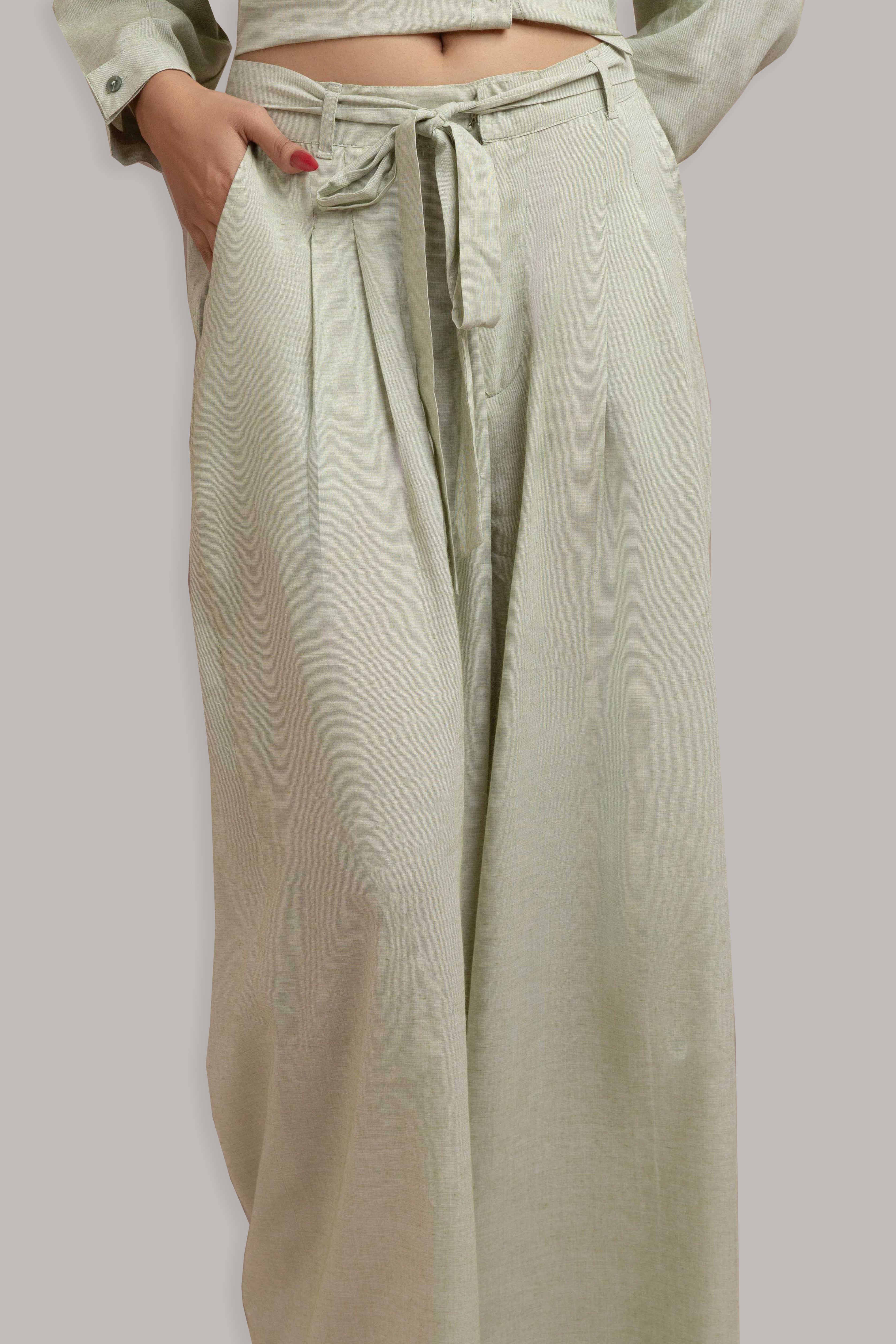 Buttoned Front Open Shirt with Pleated Pant-Sage Green