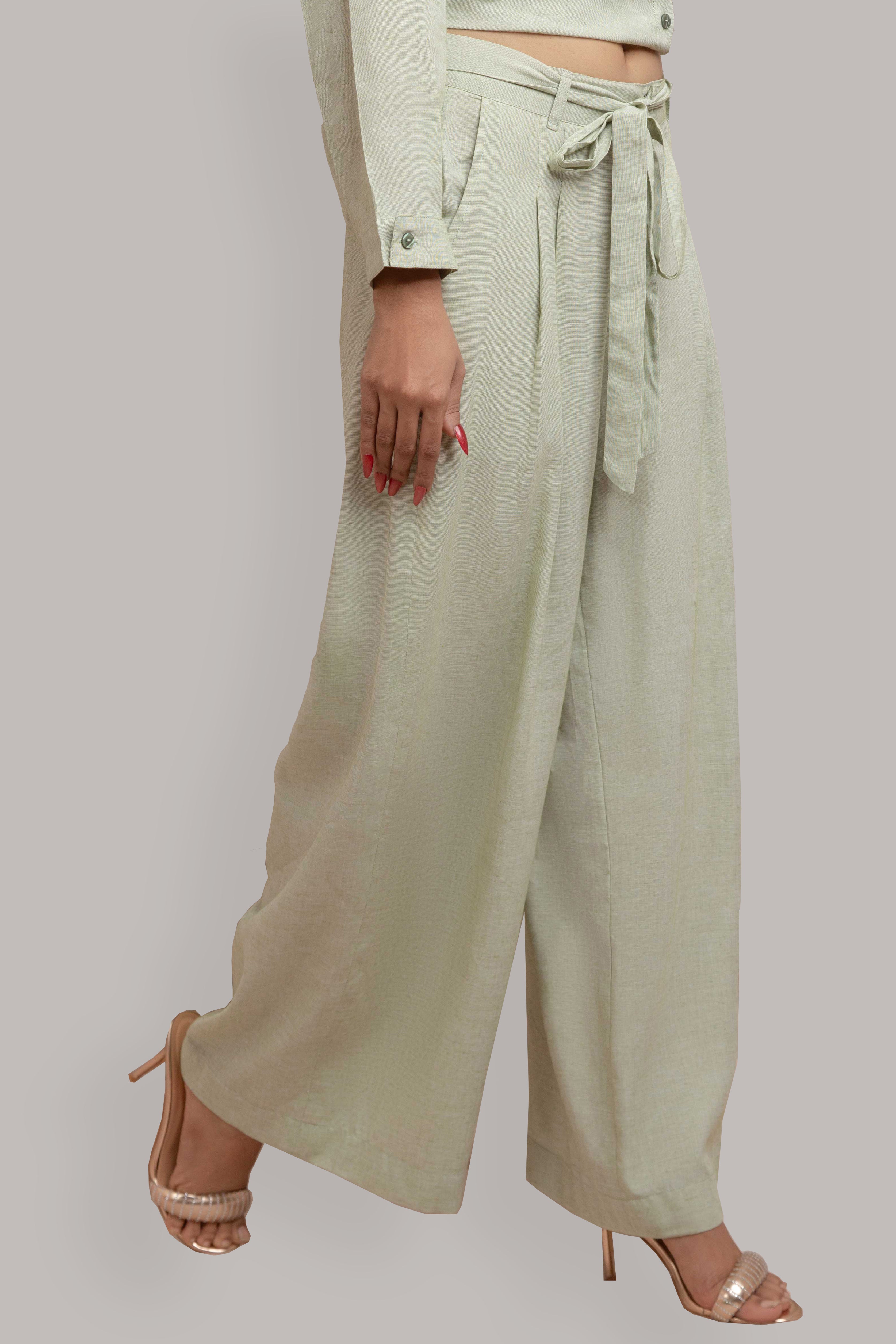 Buttoned Front Open Shirt with Pleated Pant-Sage Green