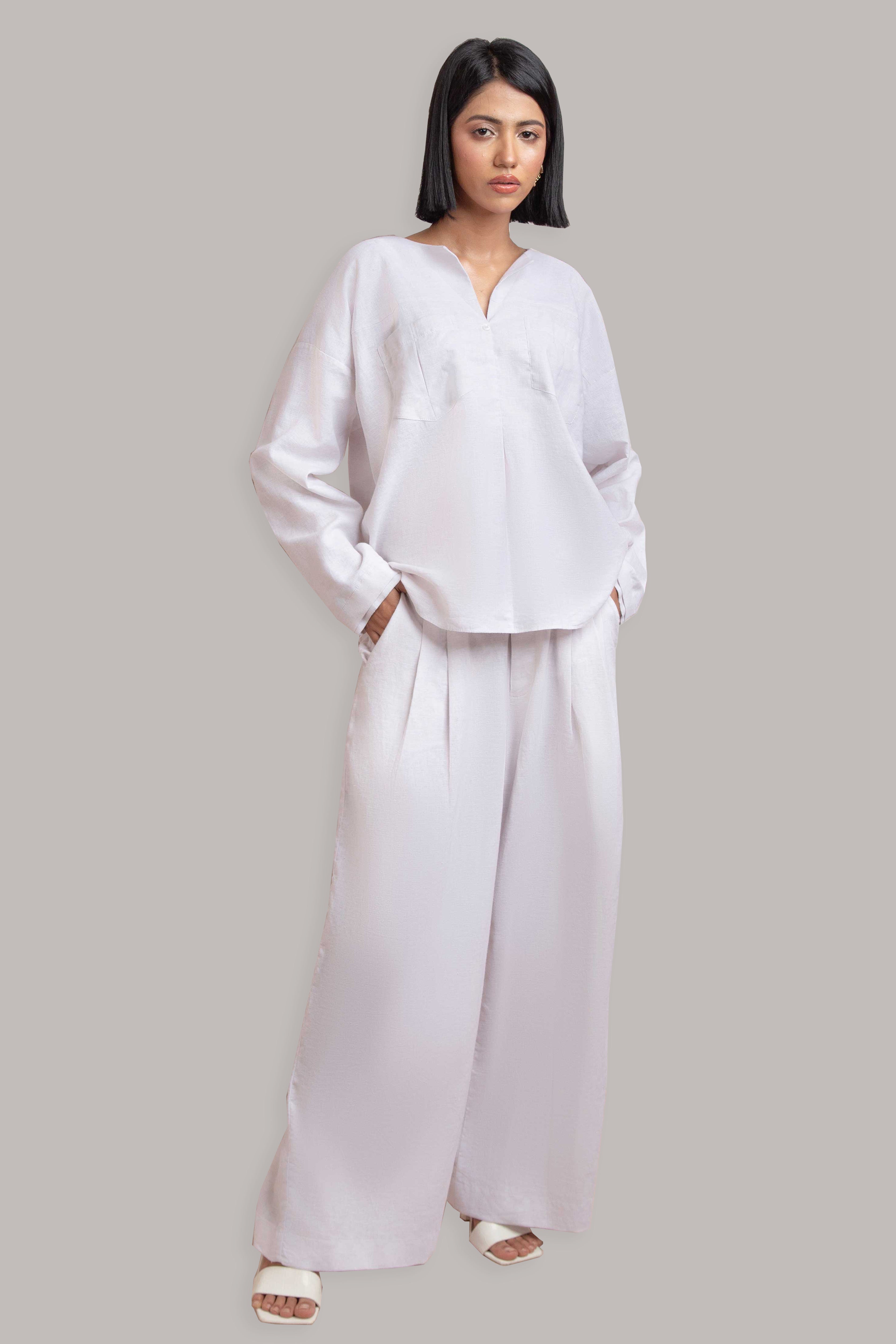 Buttoned Front Open Shirt with Pleated Pant-White Irish Cotton