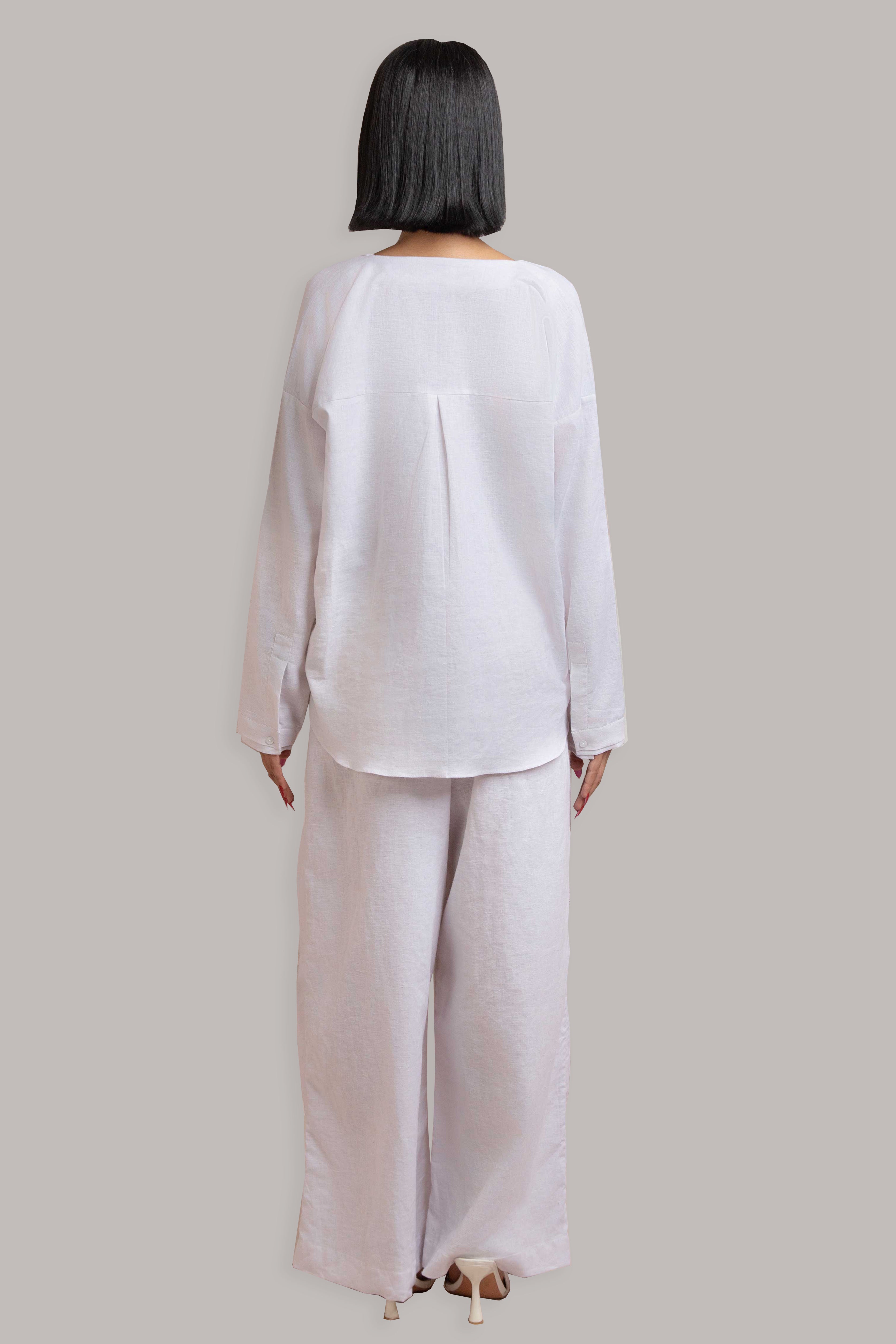 Buttoned Front Open Shirt with Pleated Pant-White Irish Cotton