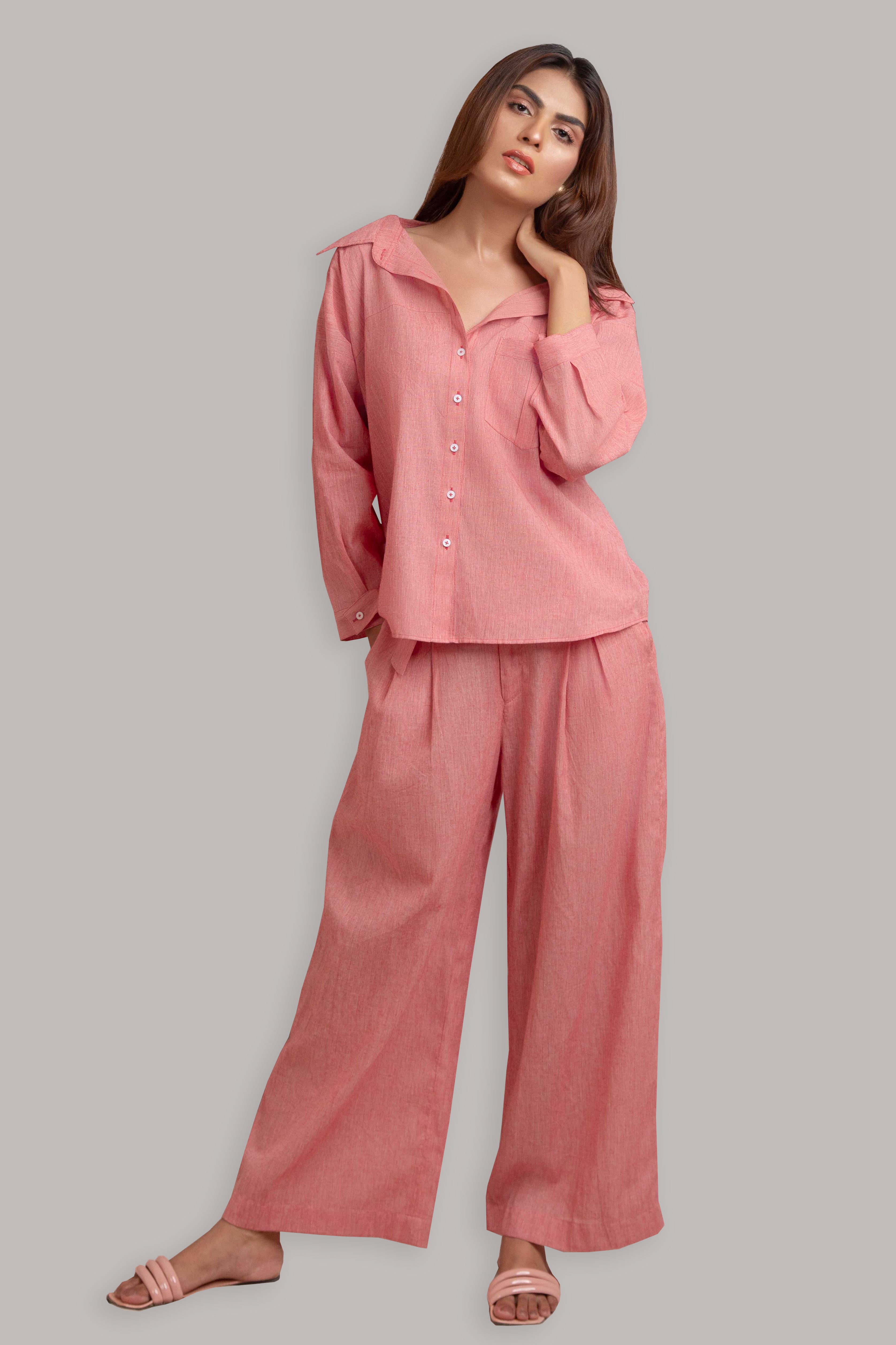 Buttoned Front Open Shirt with Pleated Pant-Watermelon Red