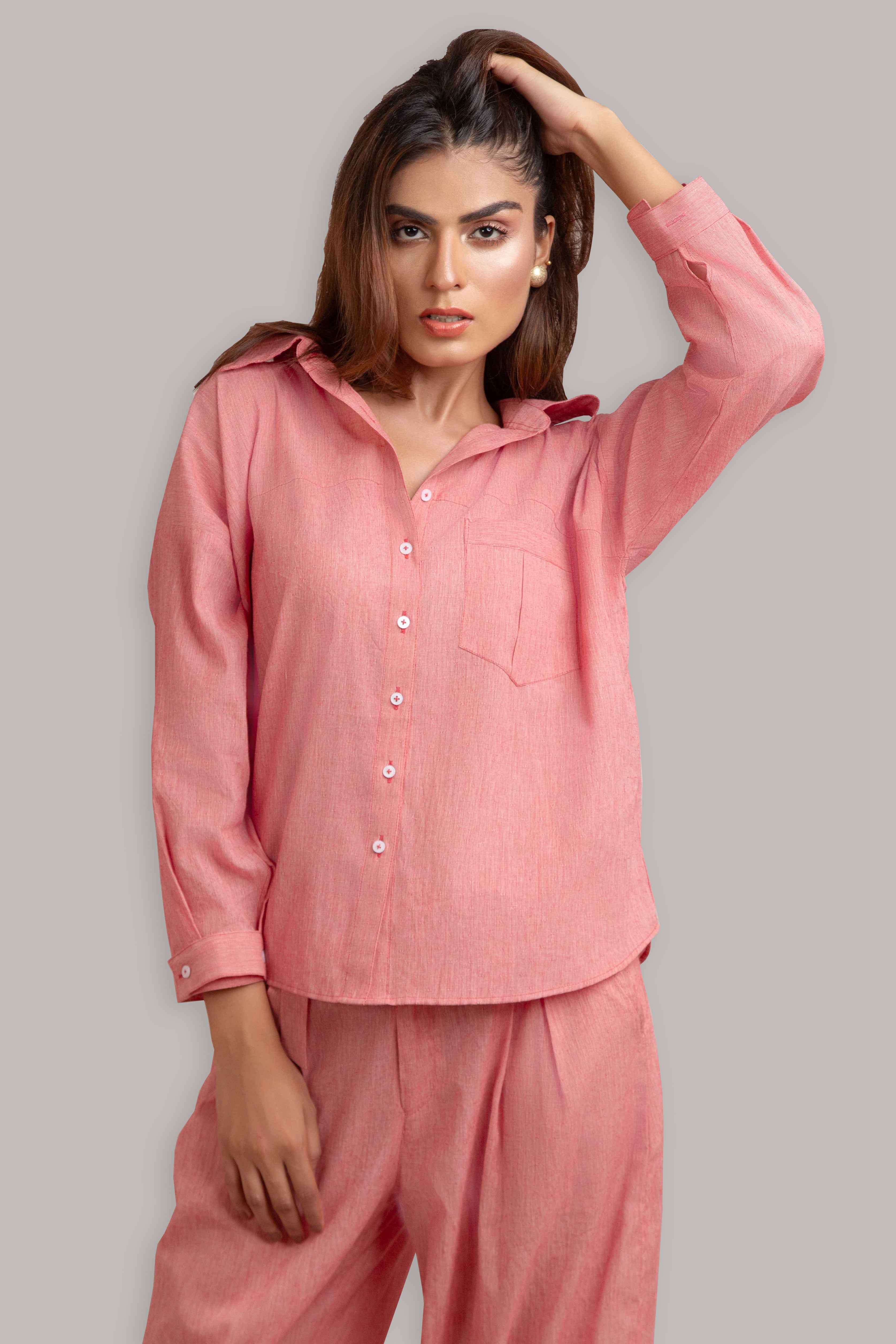 Buttoned Front Open Shirt with Pleated Pant-Watermelon Red