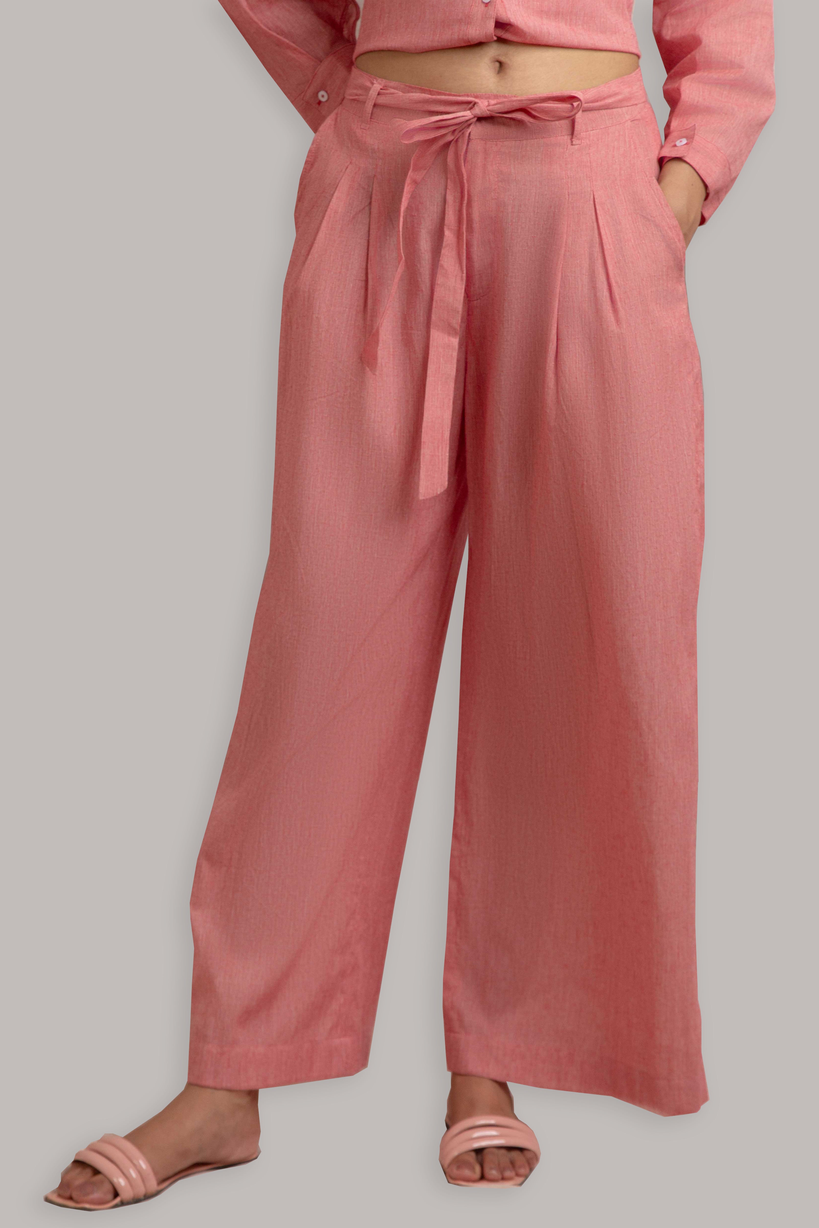 Buttoned Front Open Shirt with Pleated Pant-Watermelon Red