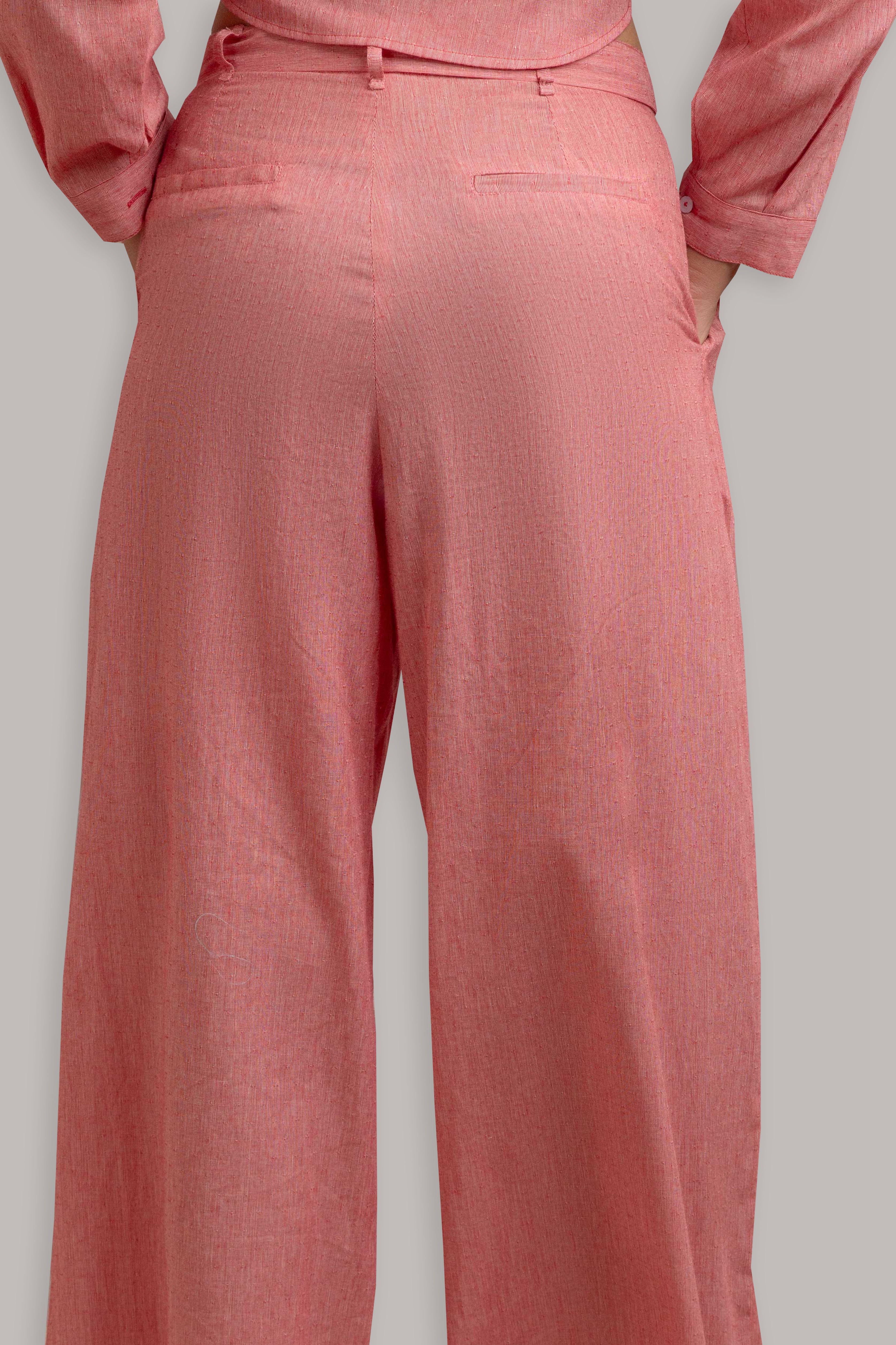 Buttoned Front Open Shirt with Pleated Pant-Watermelon Red