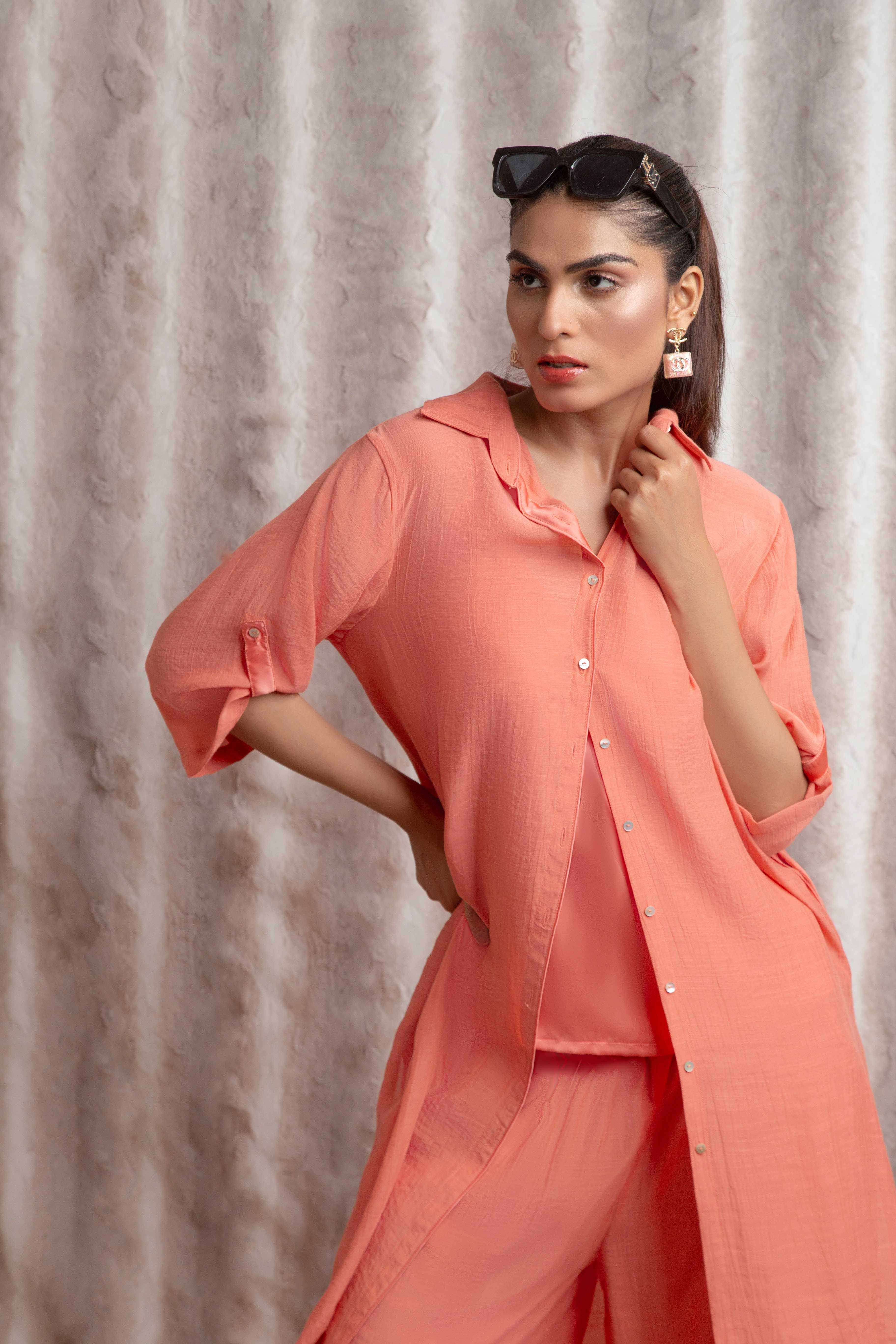 The Flowy Button Down Dress-Coral (3 Piece Set)