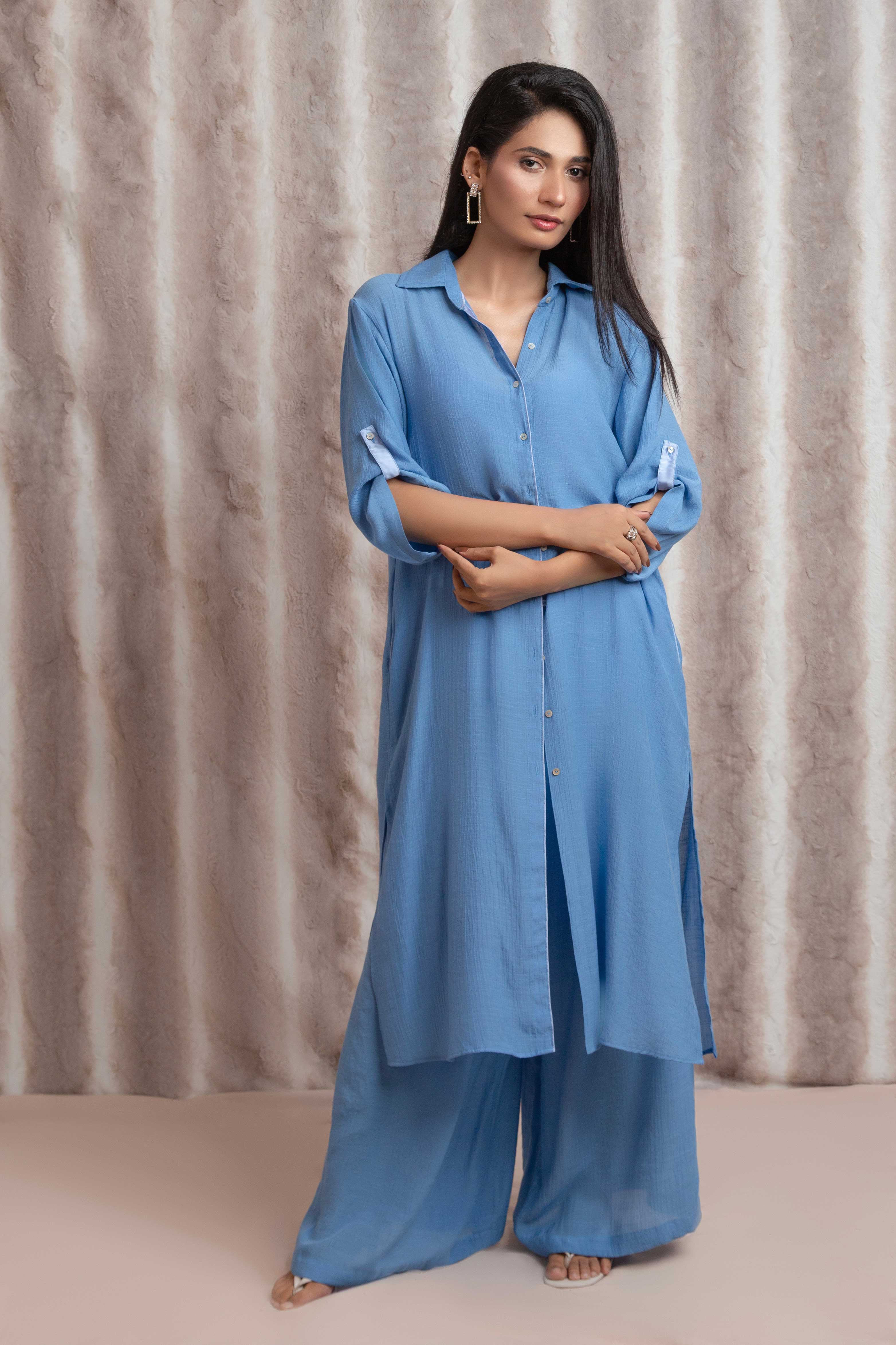 The Flowy Button Down Dress-Blue (3 Piece Set)