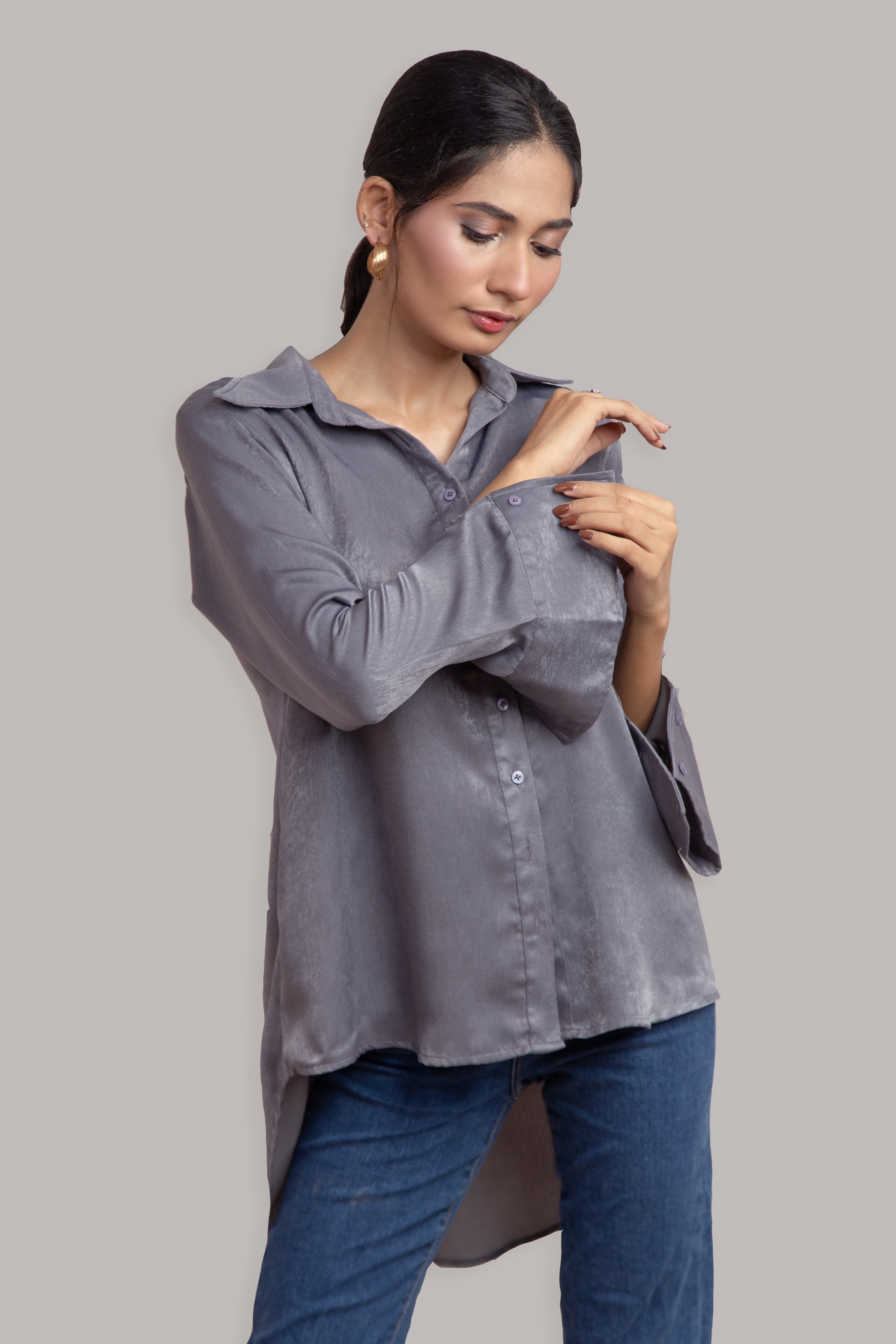 Cross Back Button Down in Grey