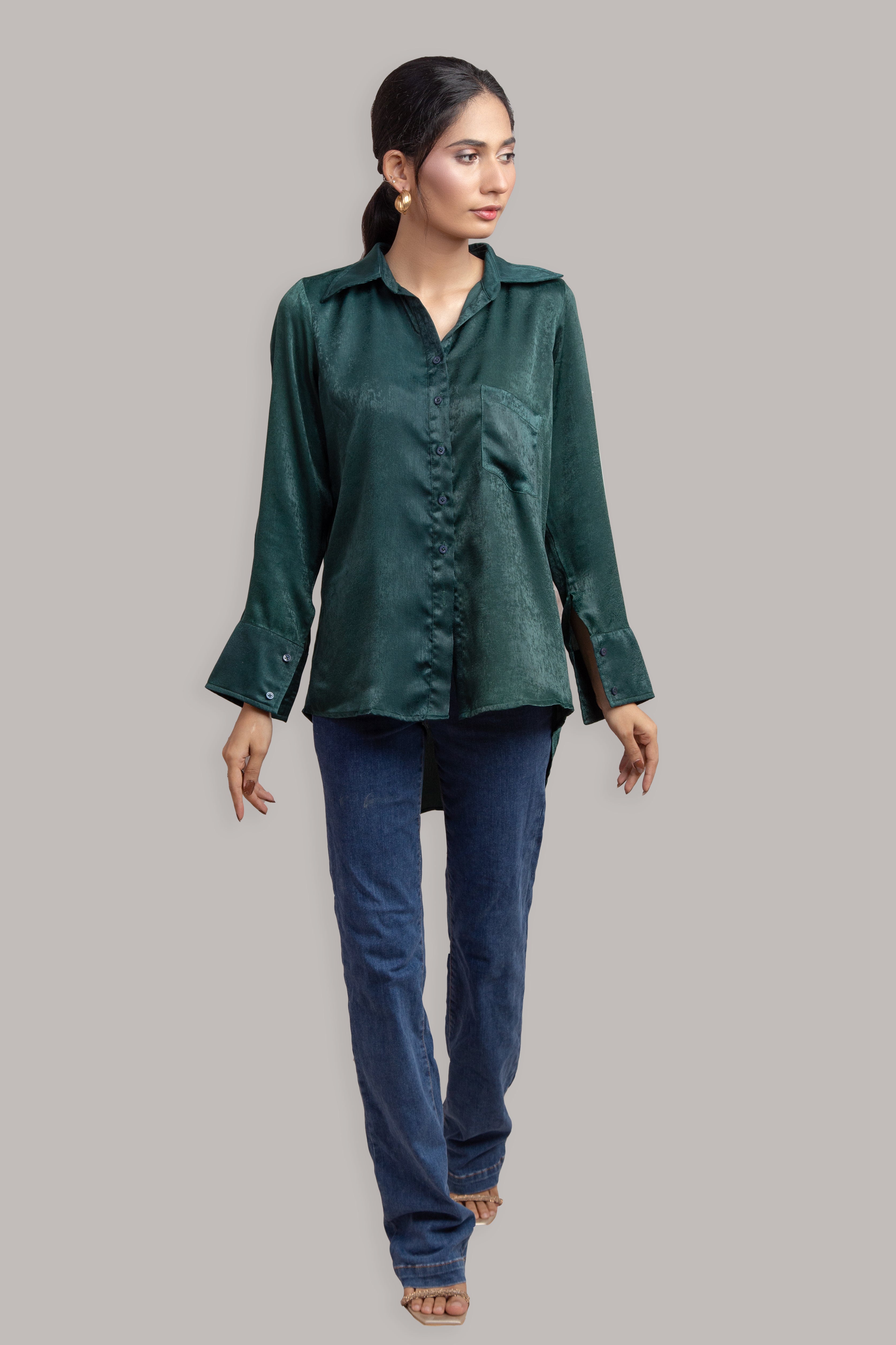 Cross Back Button Down in Dark Green