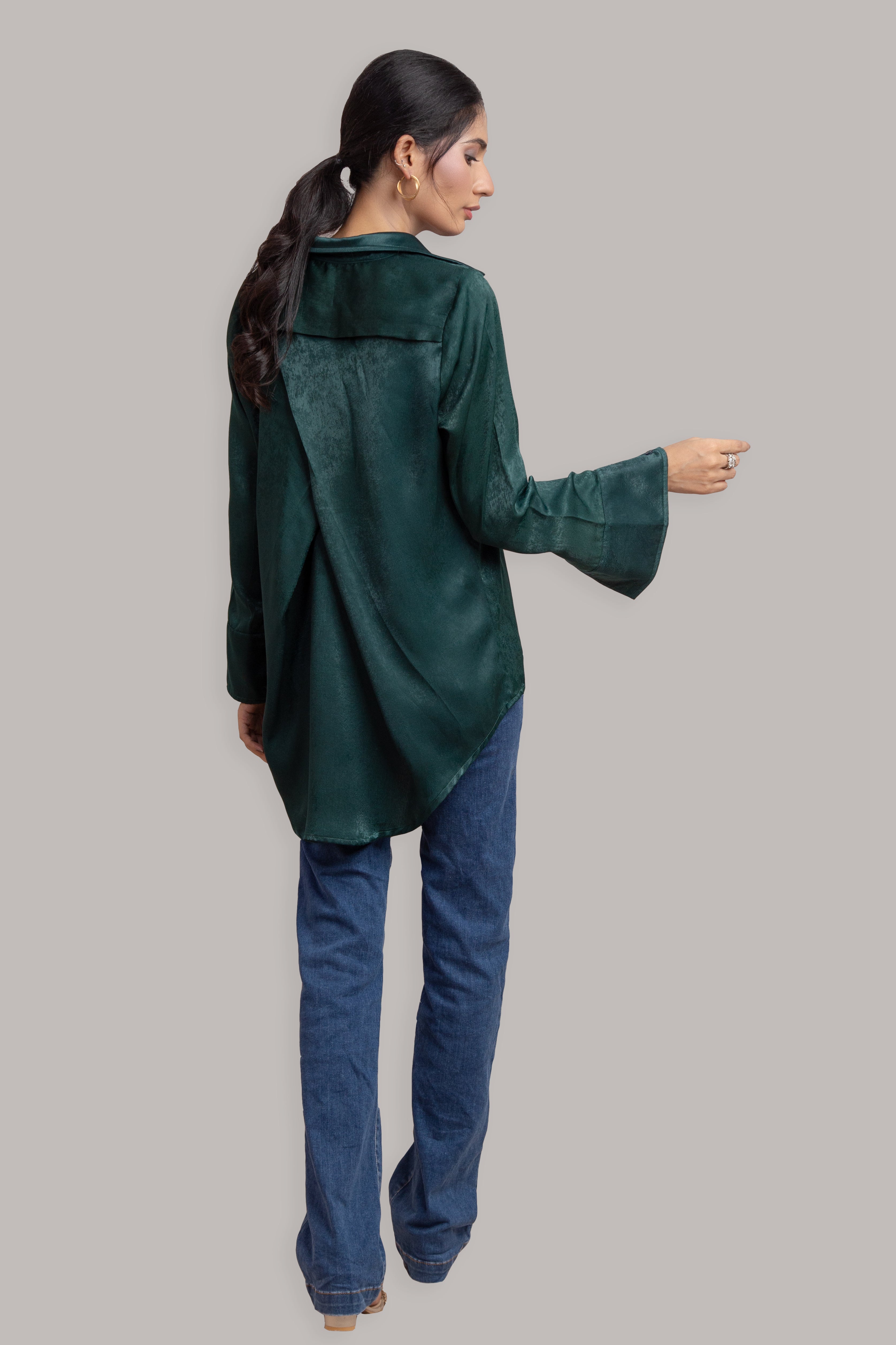 Cross Back Button Down in Dark Green