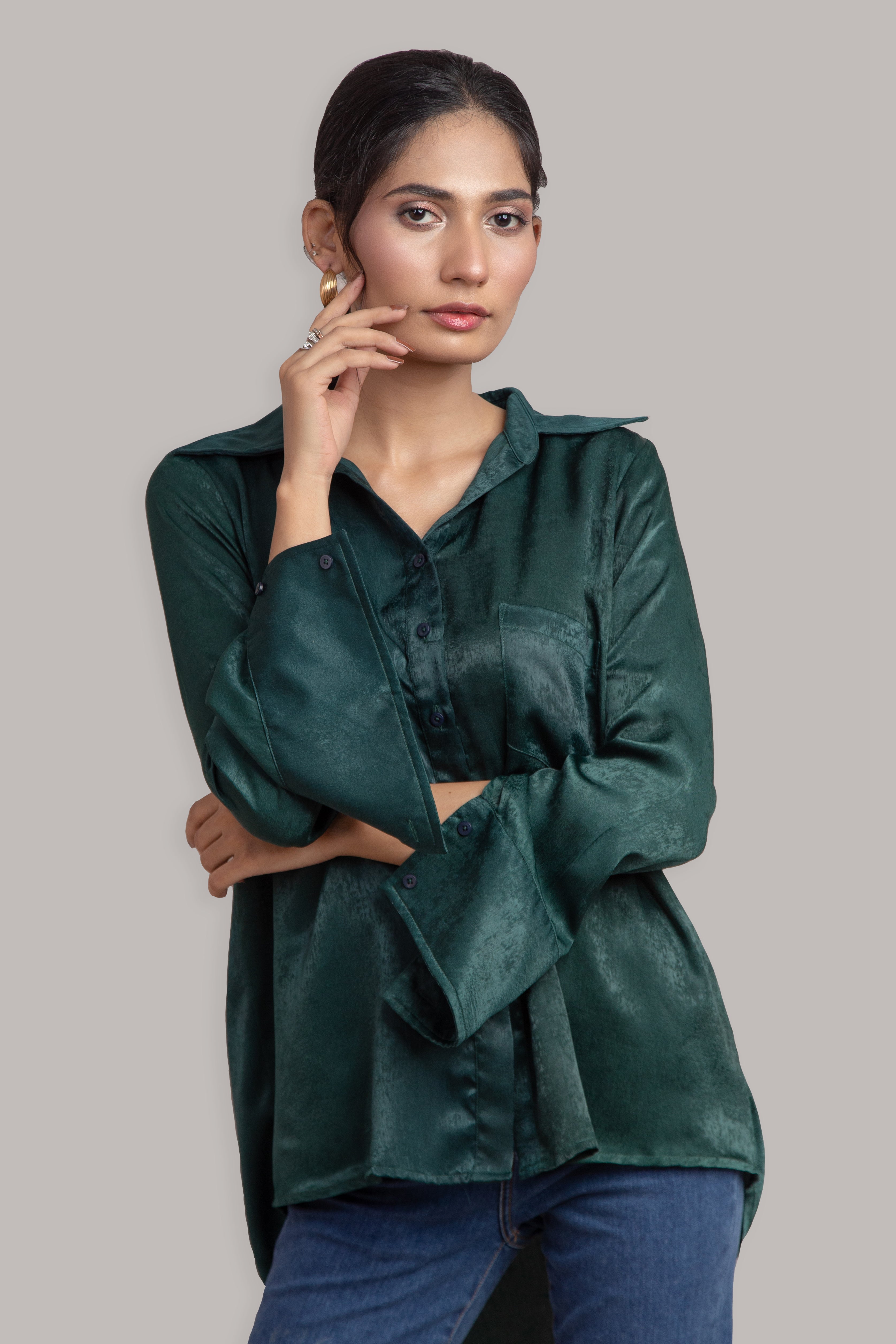 Cross Back Button Down in Dark Green