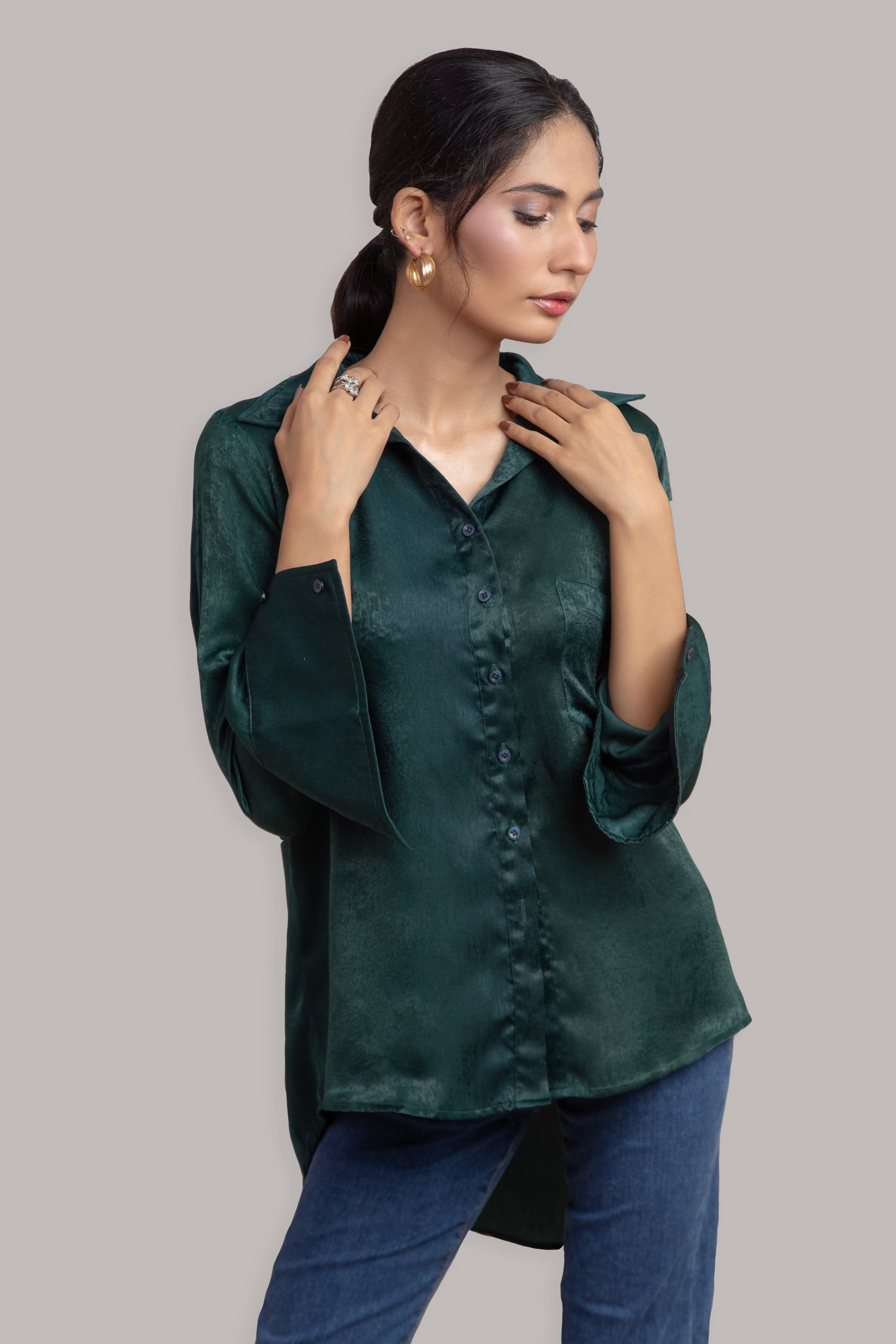 Cross Back Button Down in Dark Green