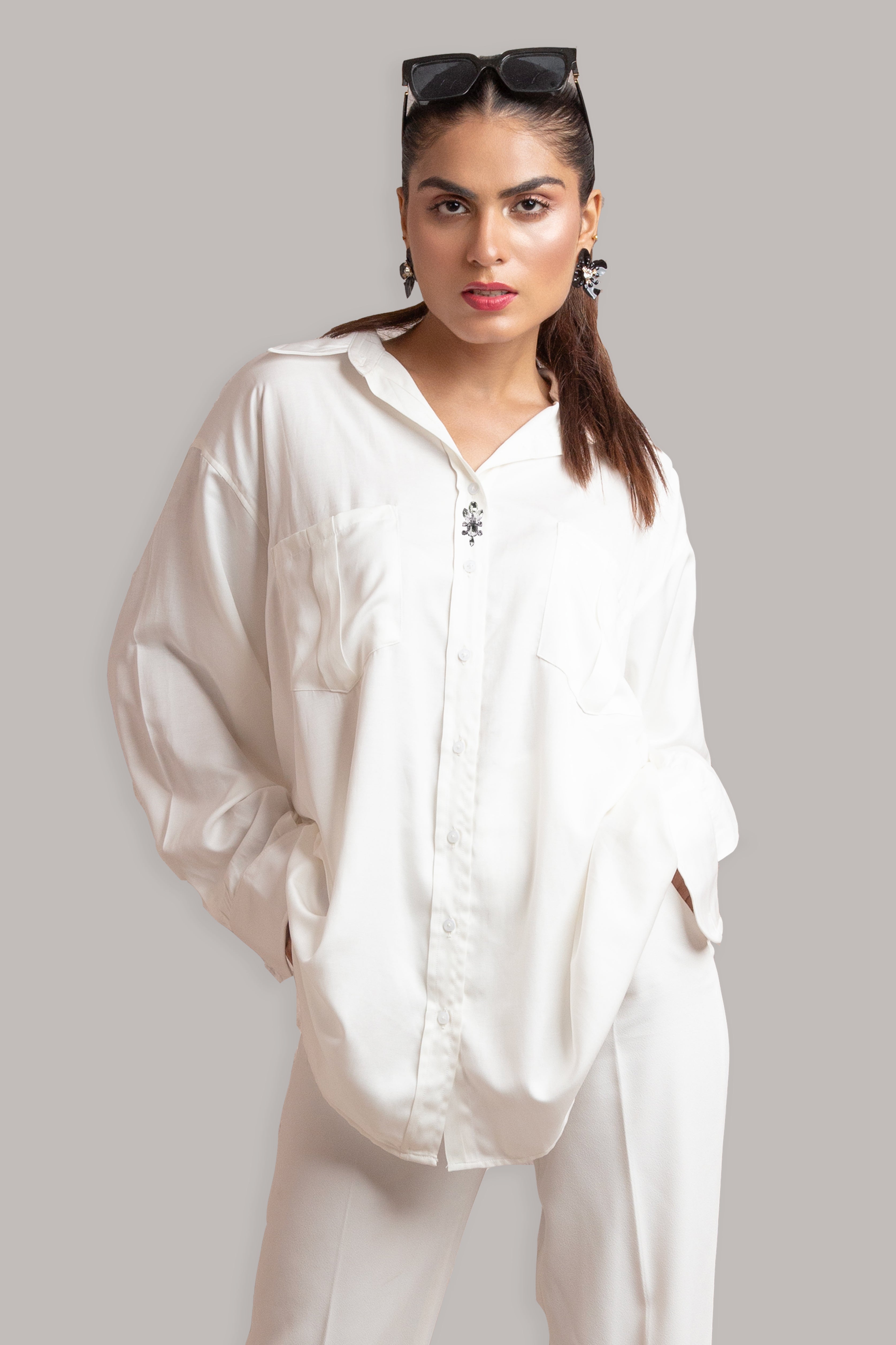 Oversized Button Down ( White Velvet Silk )