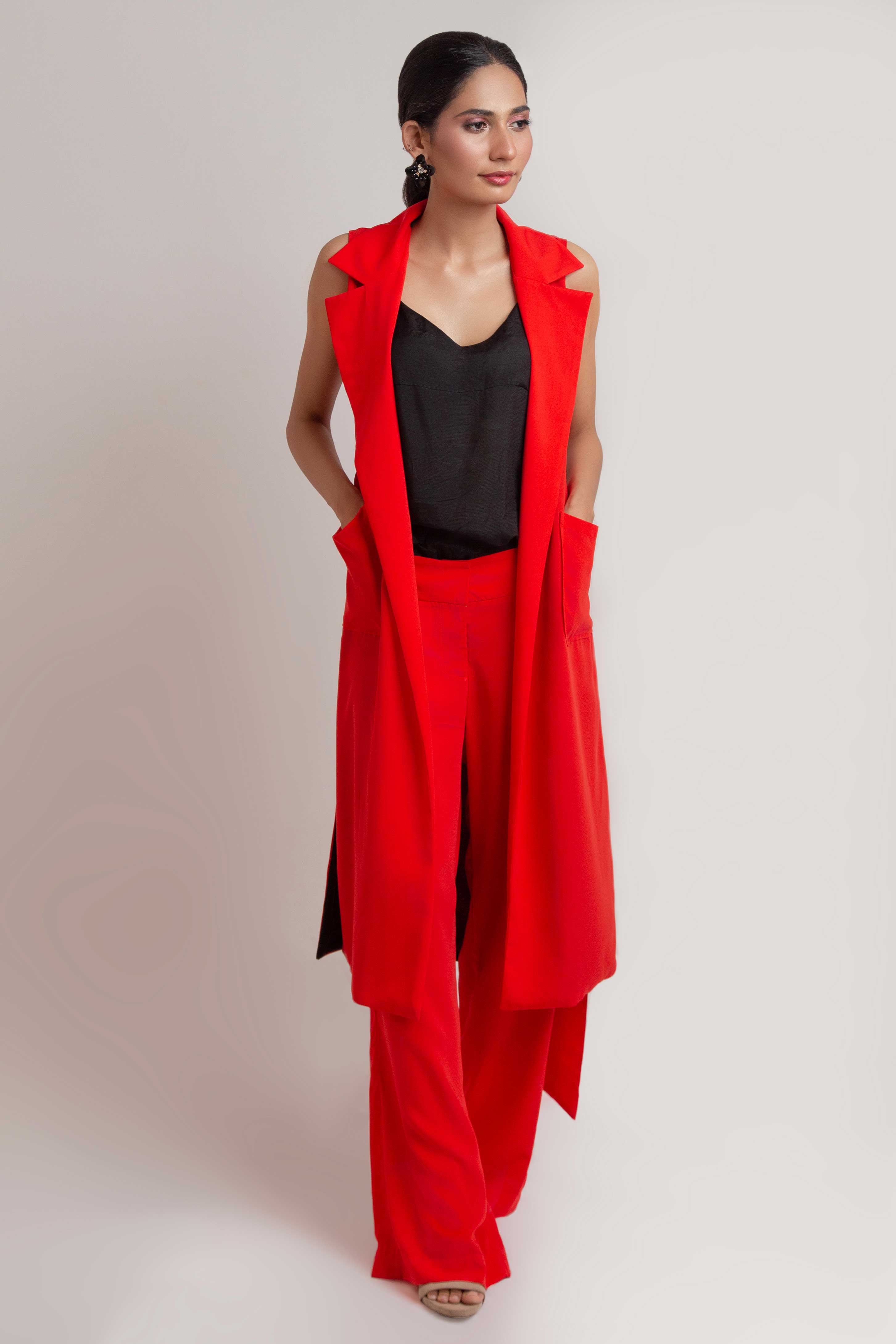 Tie Long Vest-Red & Black