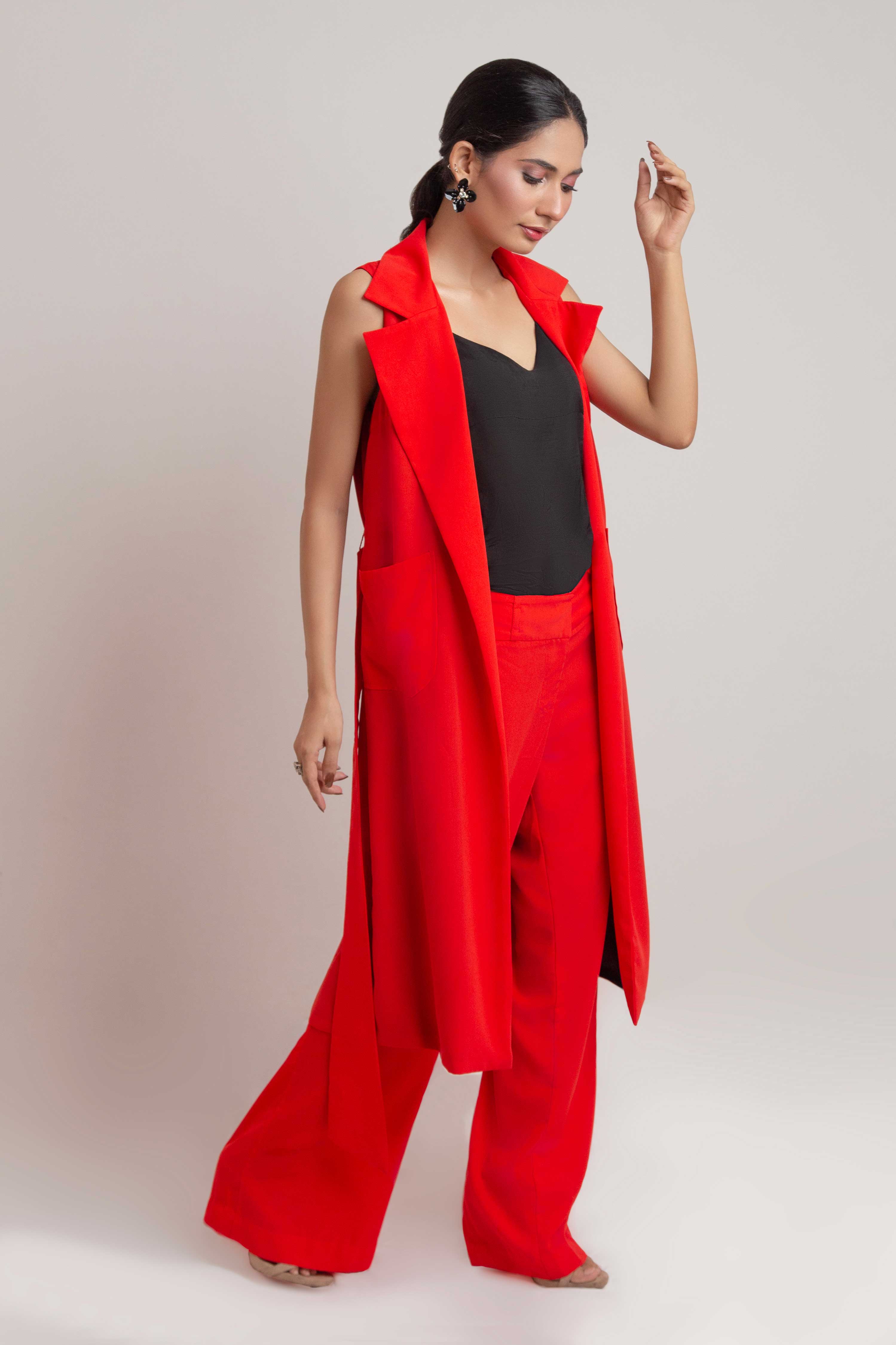 Tie Long Vest-Red & Black