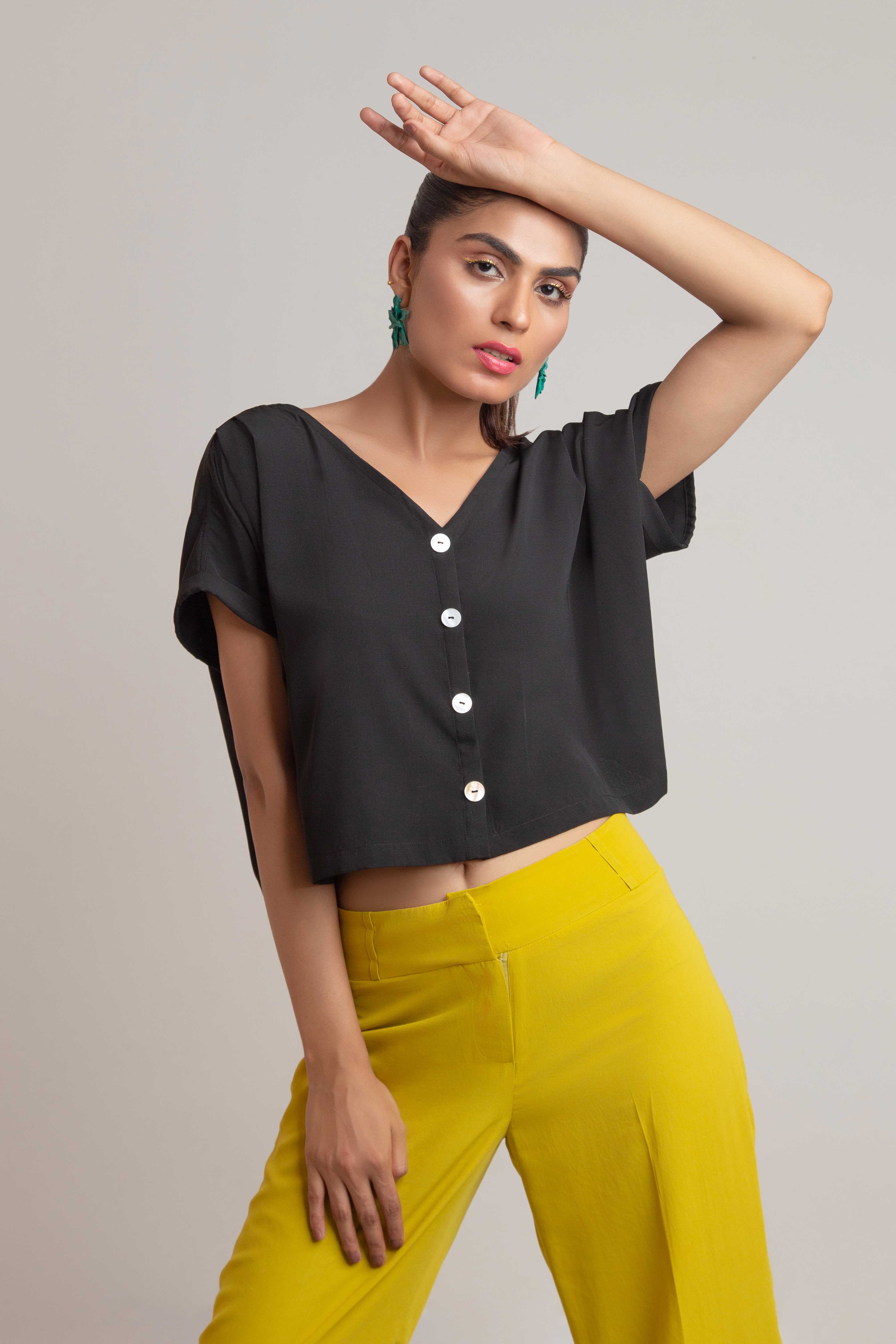 Drop Shoulder V Neck Top-Black