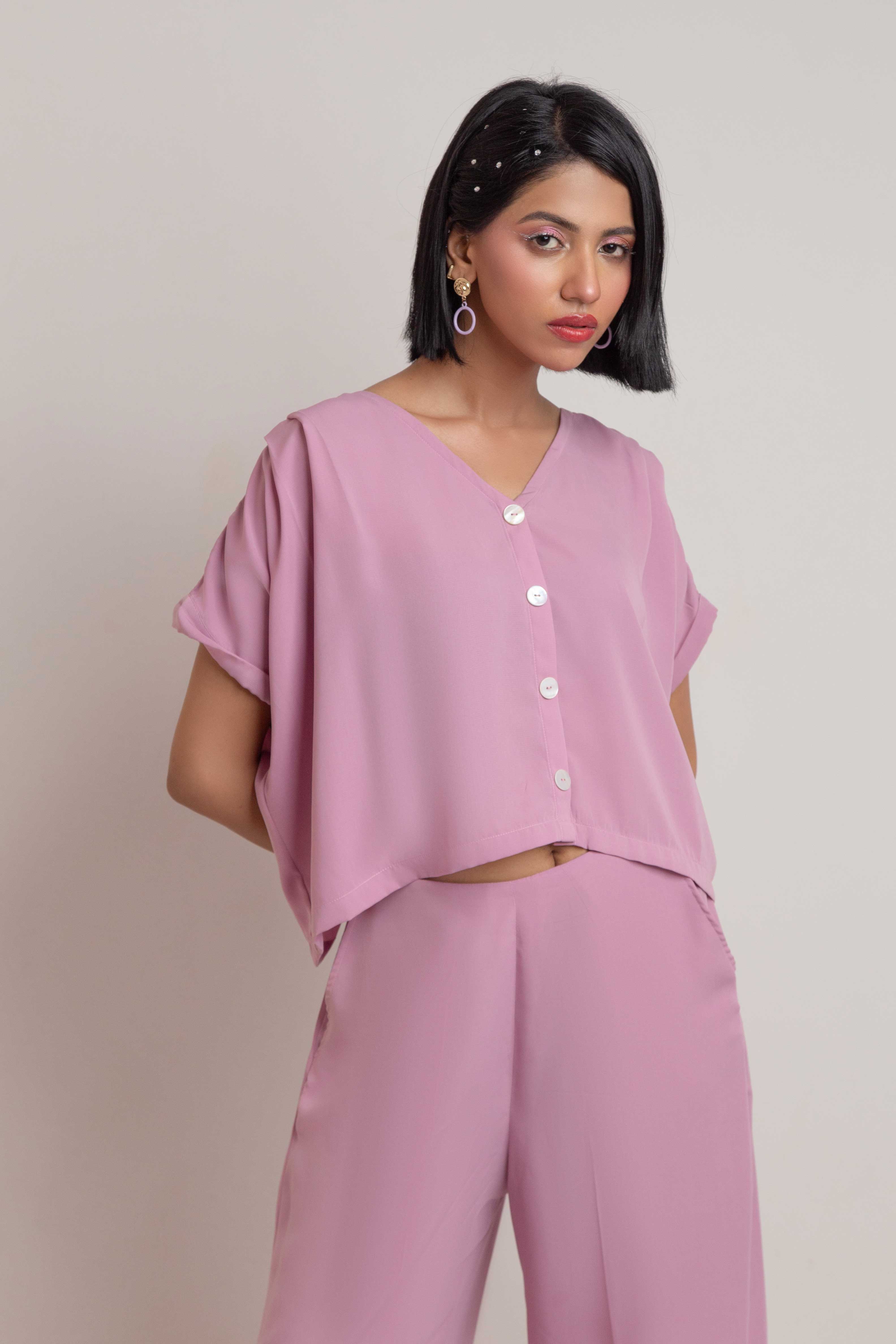 Drop Shoulder V Neck Top-Purple