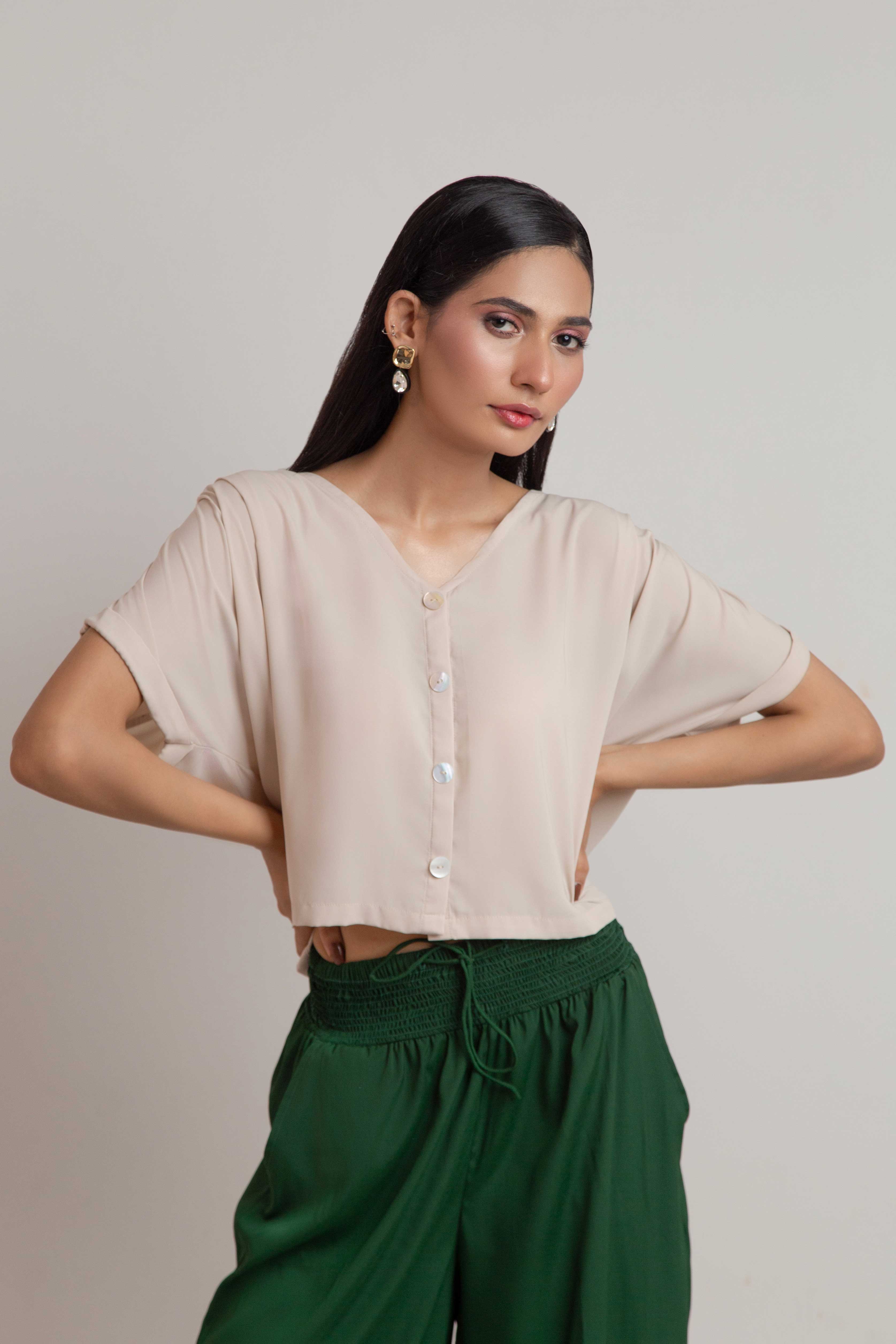 Drop Shoulder V Neck Top-Ivory