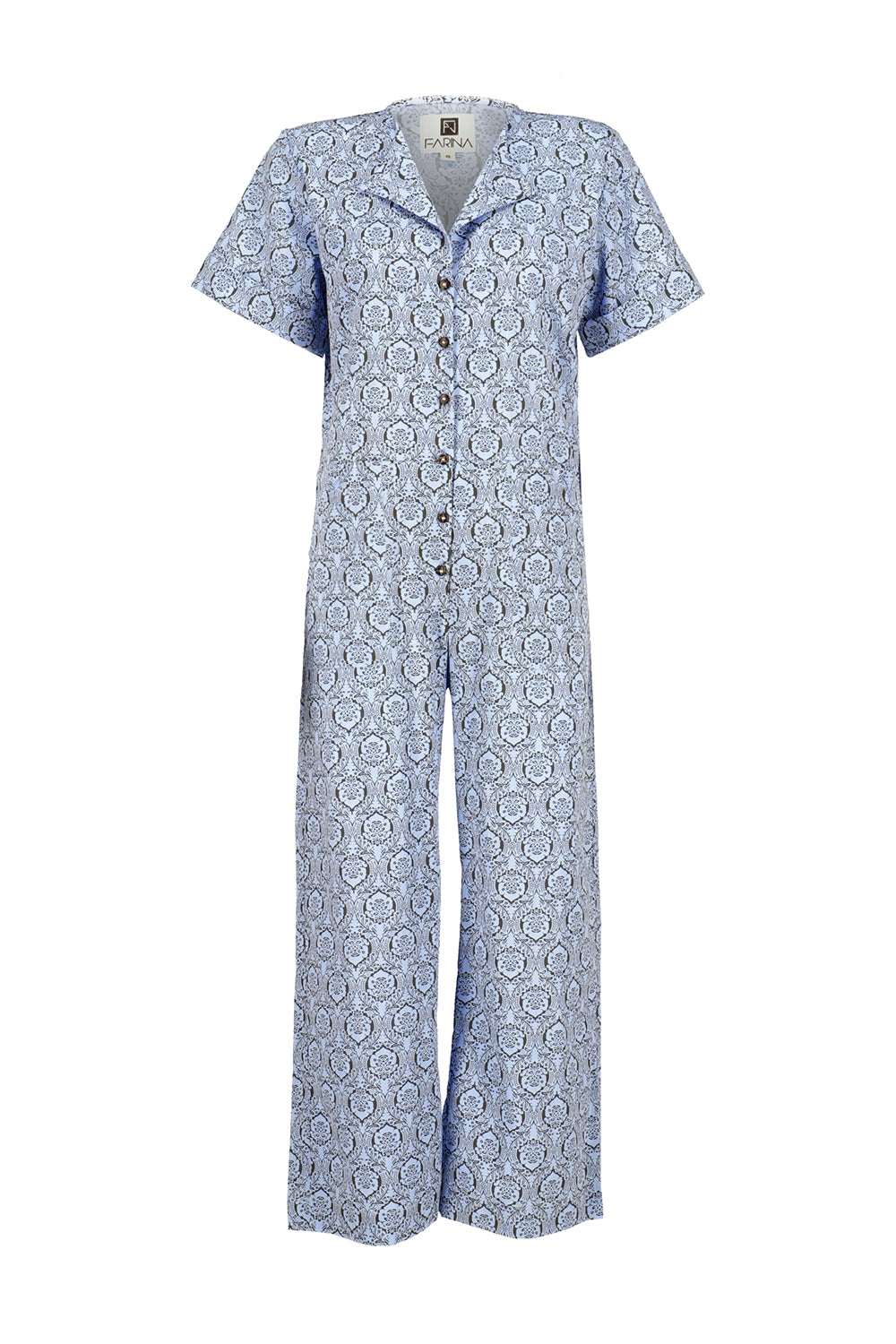 Classic Button Down Jumpsuit in Blue & Charcoal Print