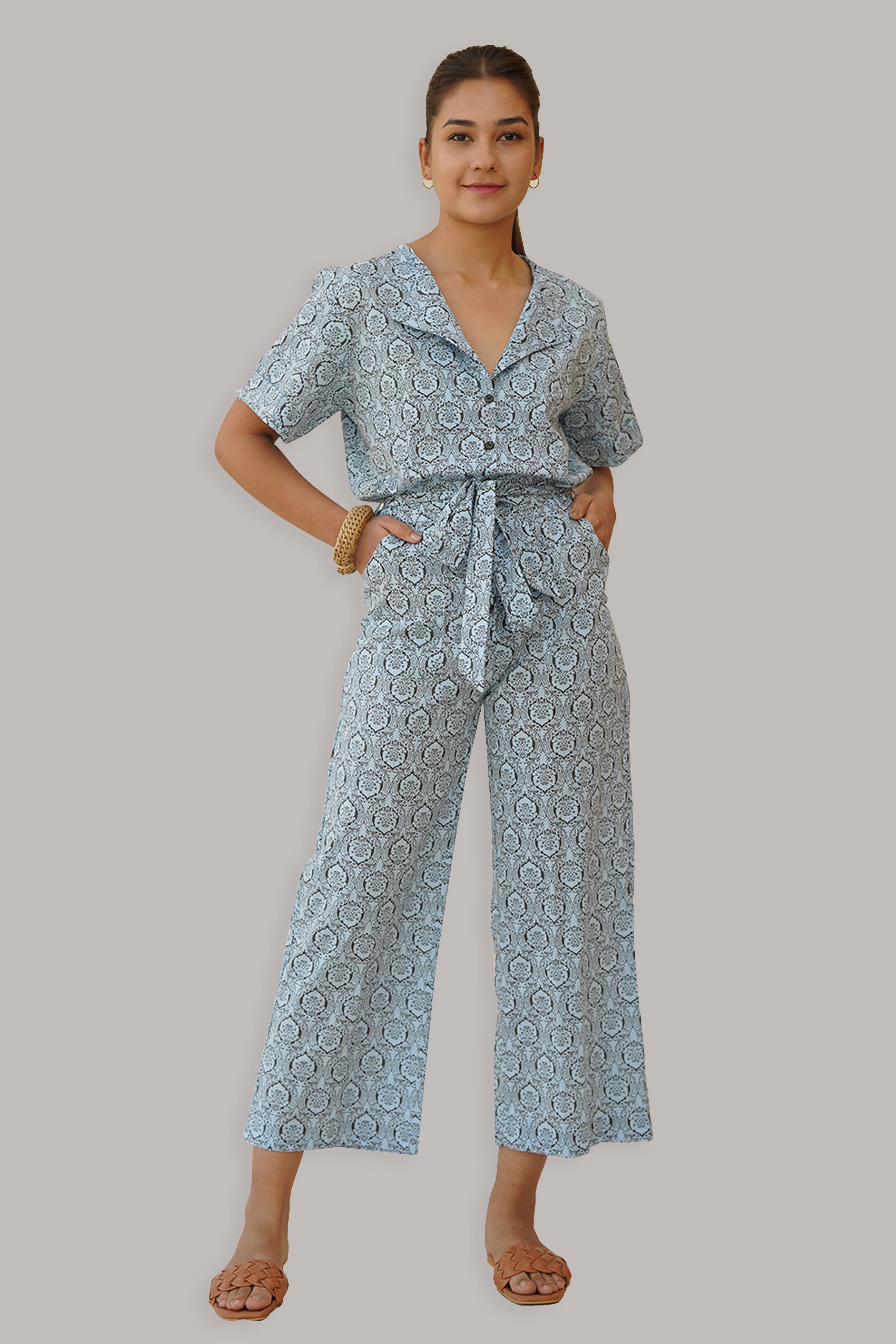 Classic Button Down Jumpsuit in Blue & Charcoal Print